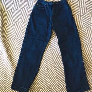 Vintage navy wash denim, relaxed fit, high rise